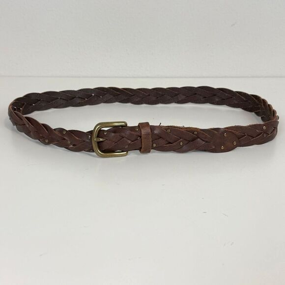 J. Crew Brown Woven Leather Brass Studded Belt S/M - Picture 1 of 7